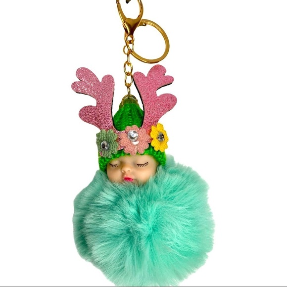 SLEEPY BABY BIG POMPON IN AQUA GREEN CHARM KEYCHAIN - Picture 4 of 5